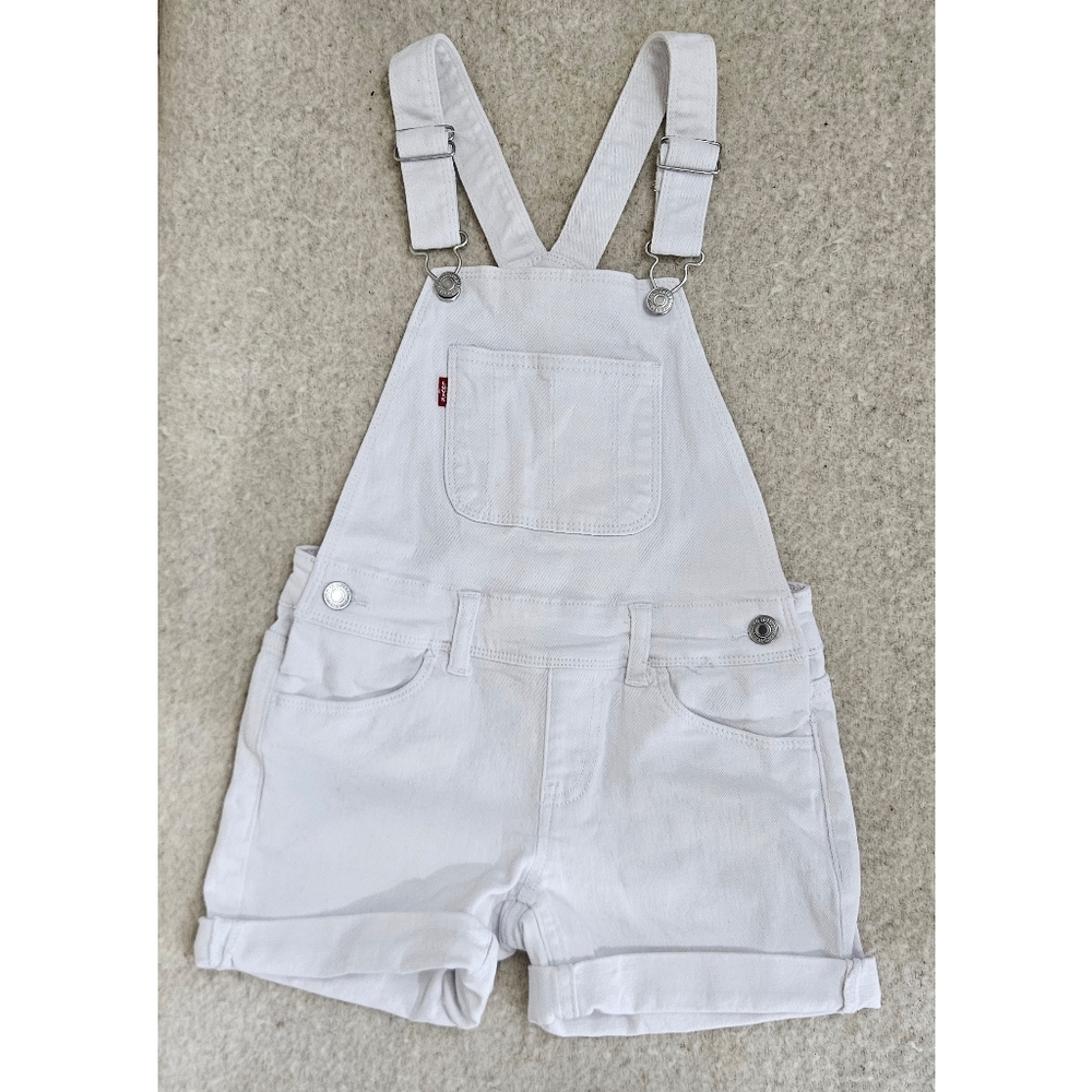 (NEW) Levi's Shortall White Denim Shorts Overalls Size 7Y